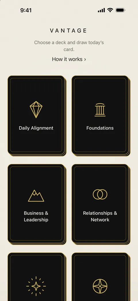 The Vantage home screen showing the six decks and the Pick for me action