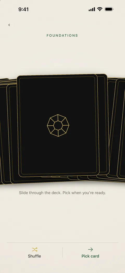 The face-down spread of cards in the Foundations deck, with Shuffle and Pick card below